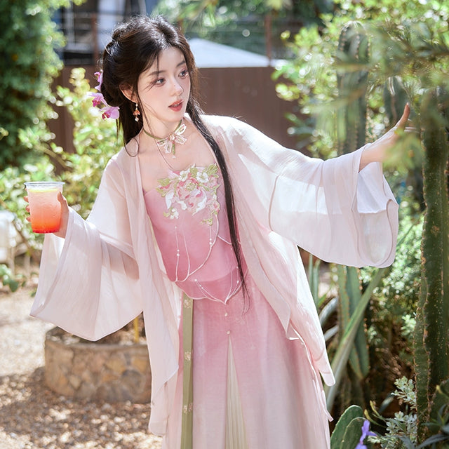 ''Chuntaixunhua''pink and green gradient hanfu ensemble for women