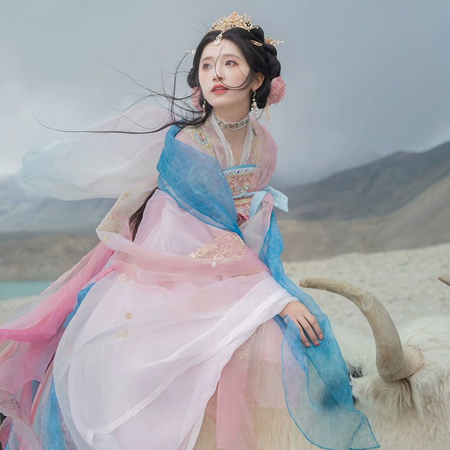 Hanfu dégradé imprimé brodé pour femme 