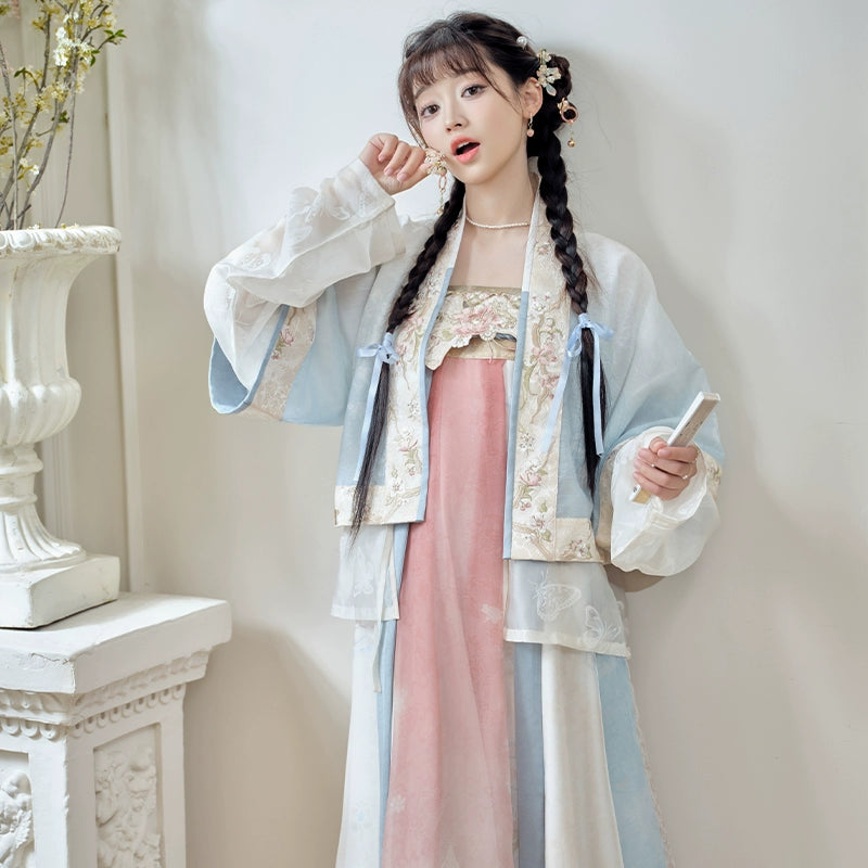 ''Shiqinghaitang''Spring Embroidered Fox Sleeve Front-Opening Shirt with Quilted Skirt in Tang-style Hanfu Women